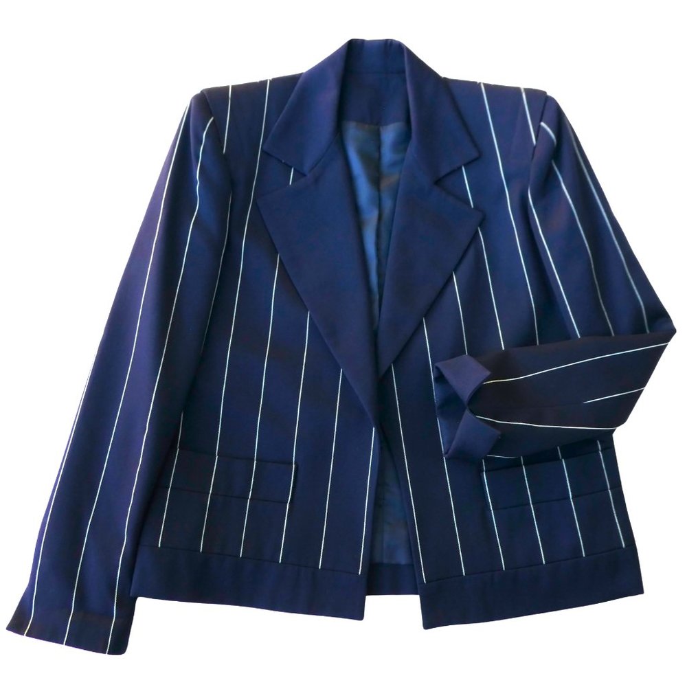 David Hayes Pinstriped Navy Blazer Oversized Notched Lapel Pure Wool Open Front